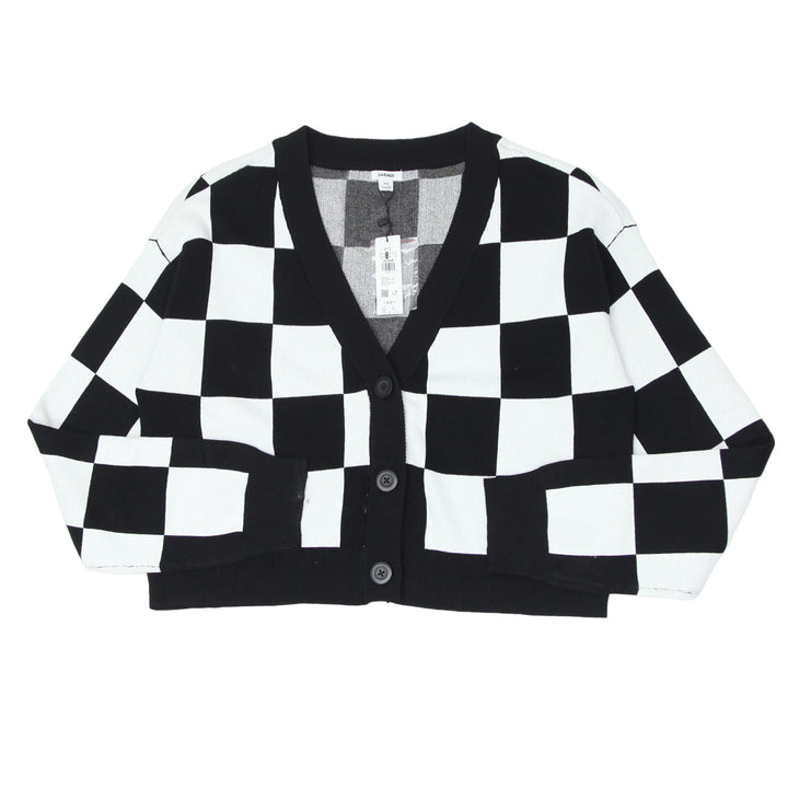 Ladies Black & White Plaid Sweater Cardigan