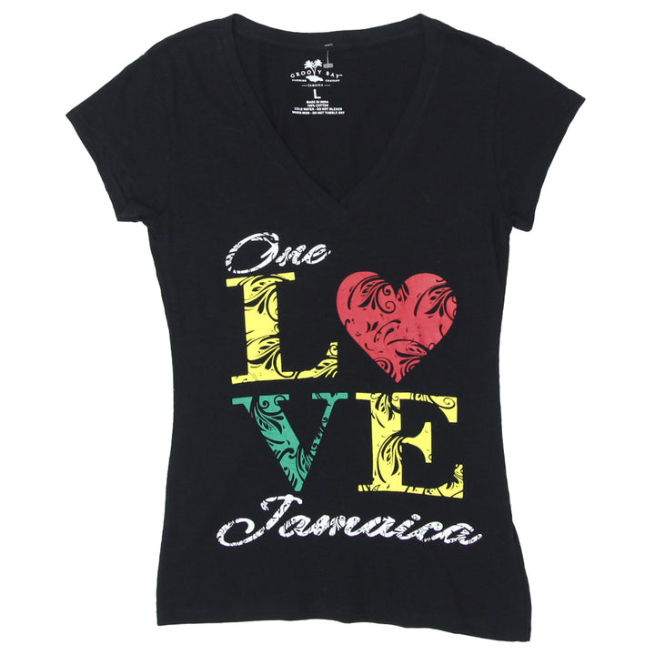 Ladies Black V-Neck Printed T-Shirt