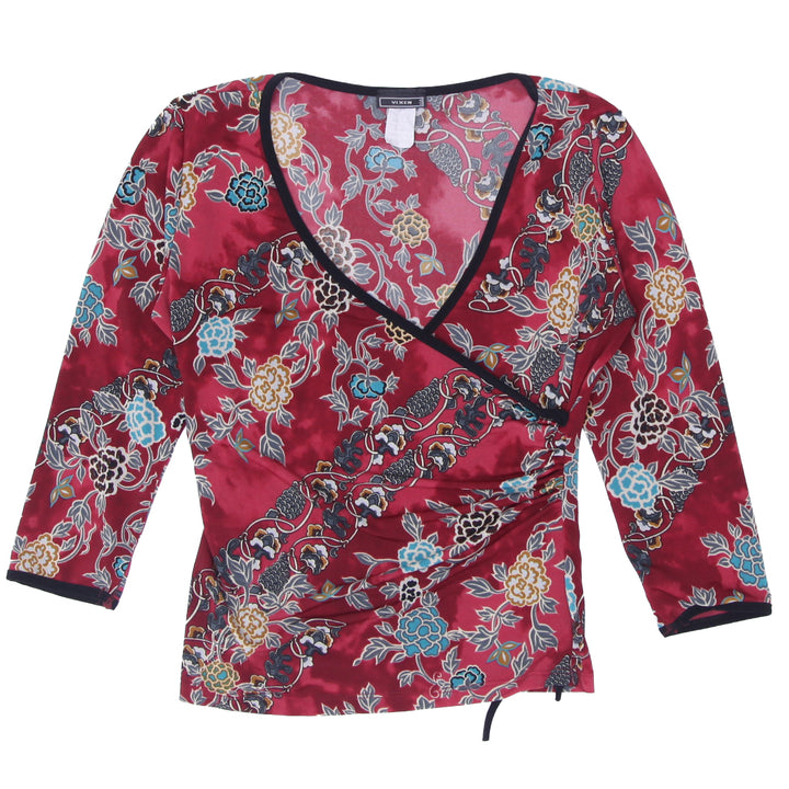 Y2K Floral Overlap Neck Quarter Sleeve Top