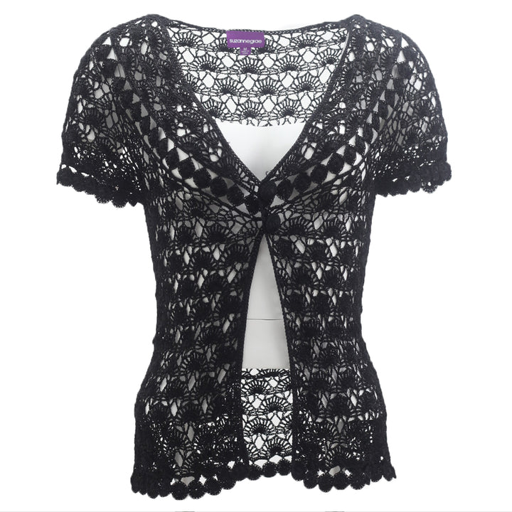 Ladies Crochet Black Short Sleeve Two Button Cardigan