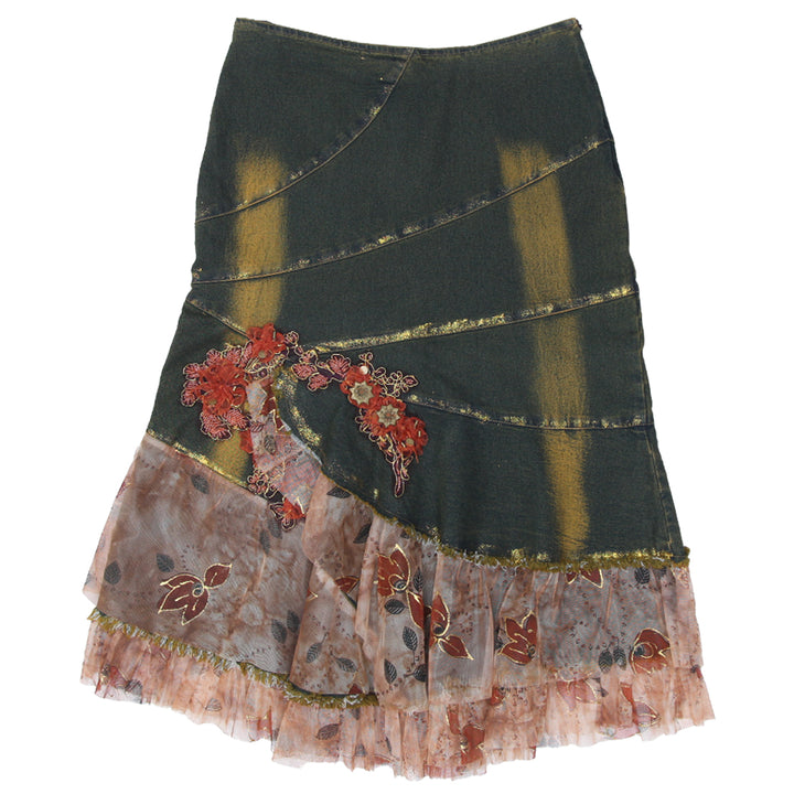 Y2K Tango Mango Denim Mesh Patchwork Floral Maxi Skirt