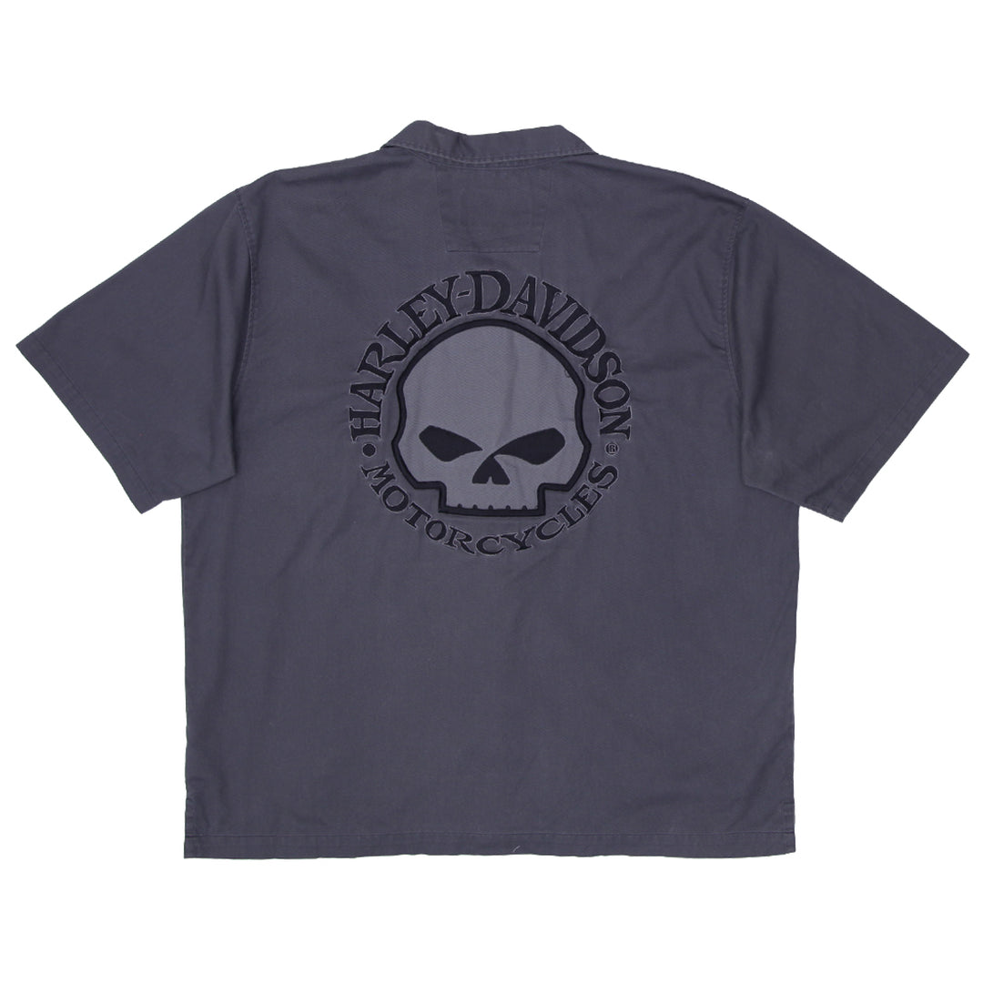 Mens Harley Davidson Motorcycles Skull Embroidered Shirt Gray