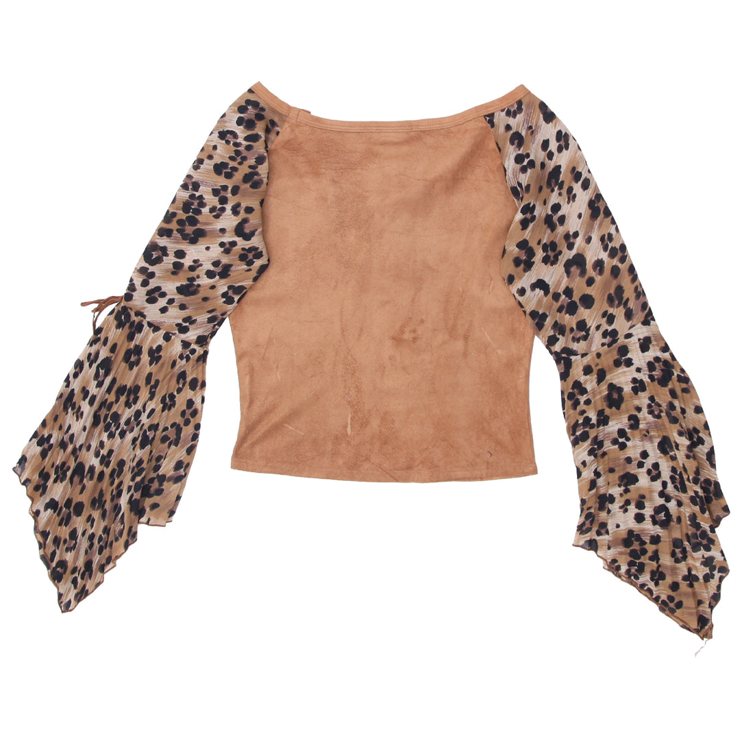 Y2K Leopard Sleeve Suede Bell Sleeve Top