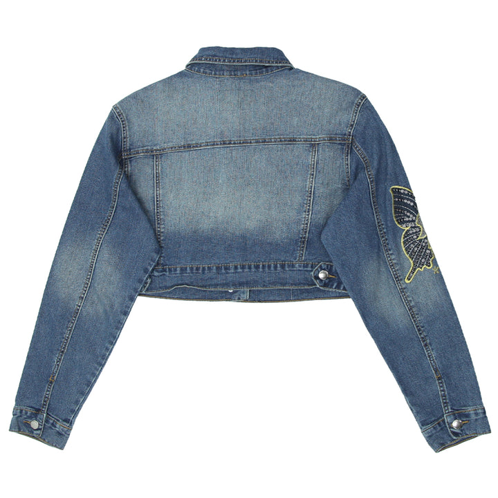 Ladies Crest Cropped Denim Jacket With Butterfly Embroidery