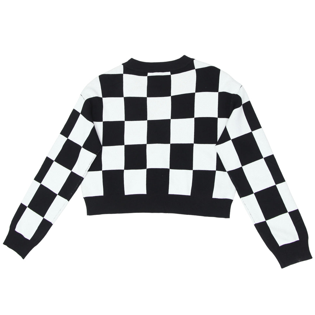 Ladies Black & White Plaid Sweater Cardigan