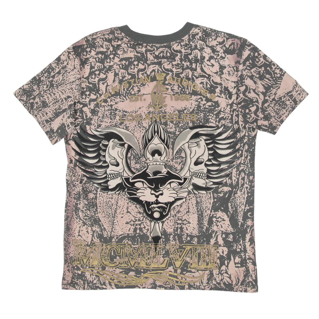 Y2K Christian Audigier Skull Roses All Over Print T-Shirt