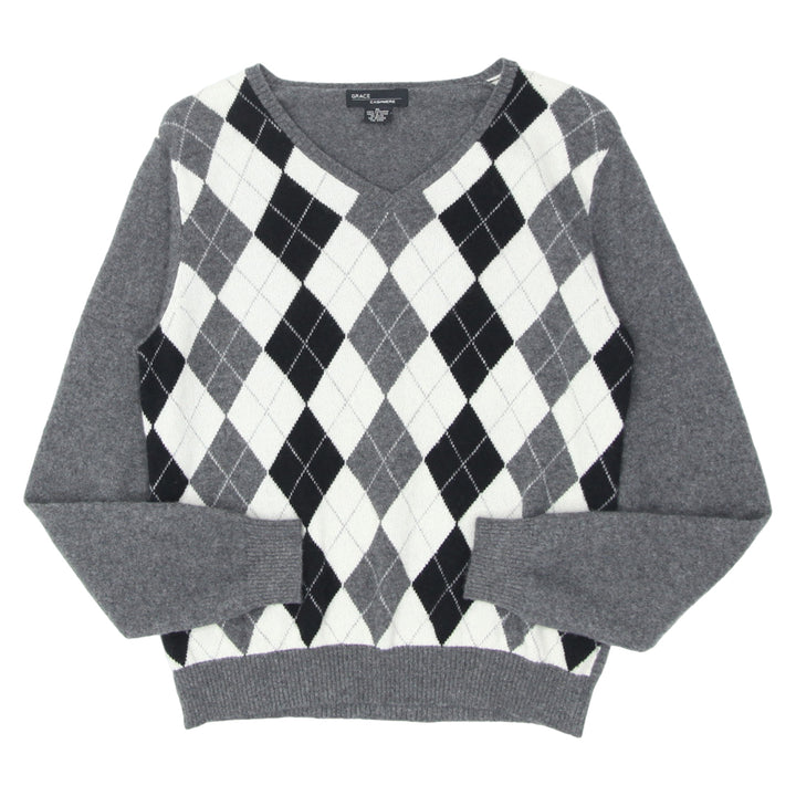 Ladies Grace Argyle 100 % Cashmere V-Neck Sweater