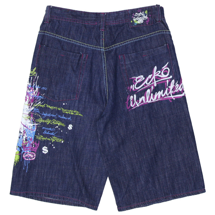 Mens Y2K Ecko Unlimited Baggy Fit Print & Embroidered Denim Jorts