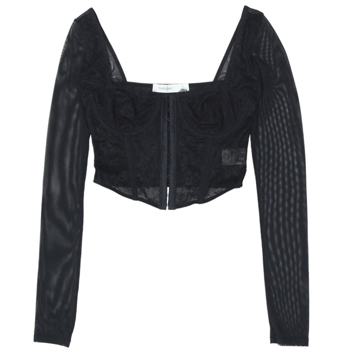 Ladies Glassons Front Closure Black Mesh Crop Top