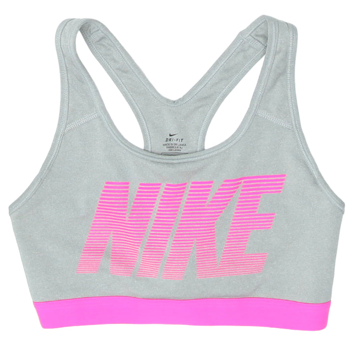 Ladies Nike Spell Out Gray/Pink Racerback Sports Bra