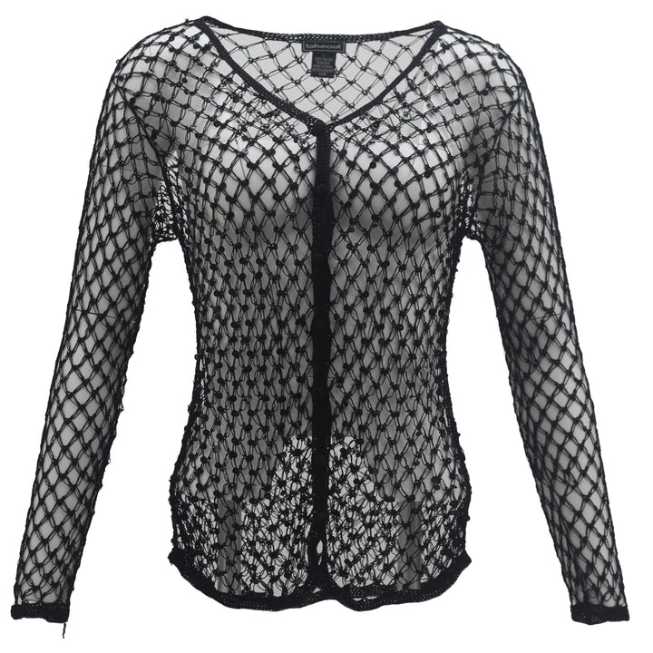 Ladies Black Mesh Long Sleeve Button Cover Ups