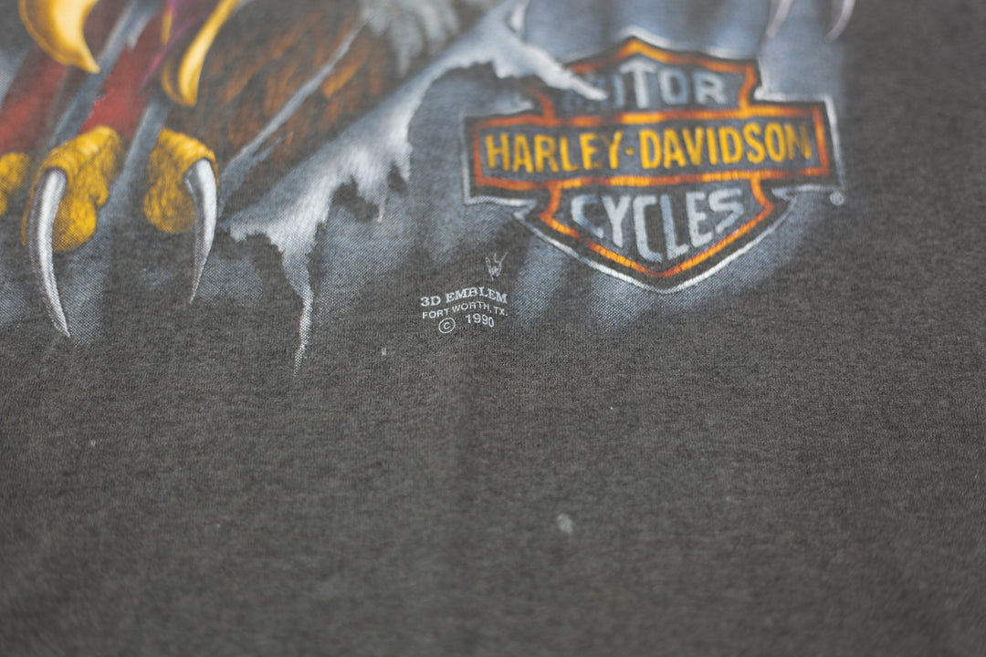 1990 Vintage 3D Emblem Harley Davidson Lafayette 76 T-Shirt Single Stitch L