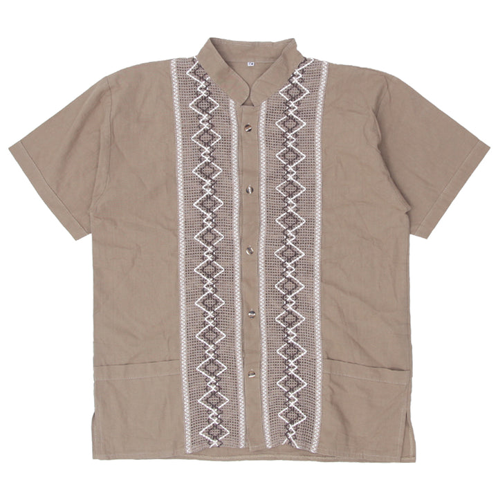 Mens Brown Guayabera Shirt With Embroidery