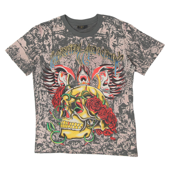 Y2K Christian Audigier Skull Roses All Over Print T-Shirt