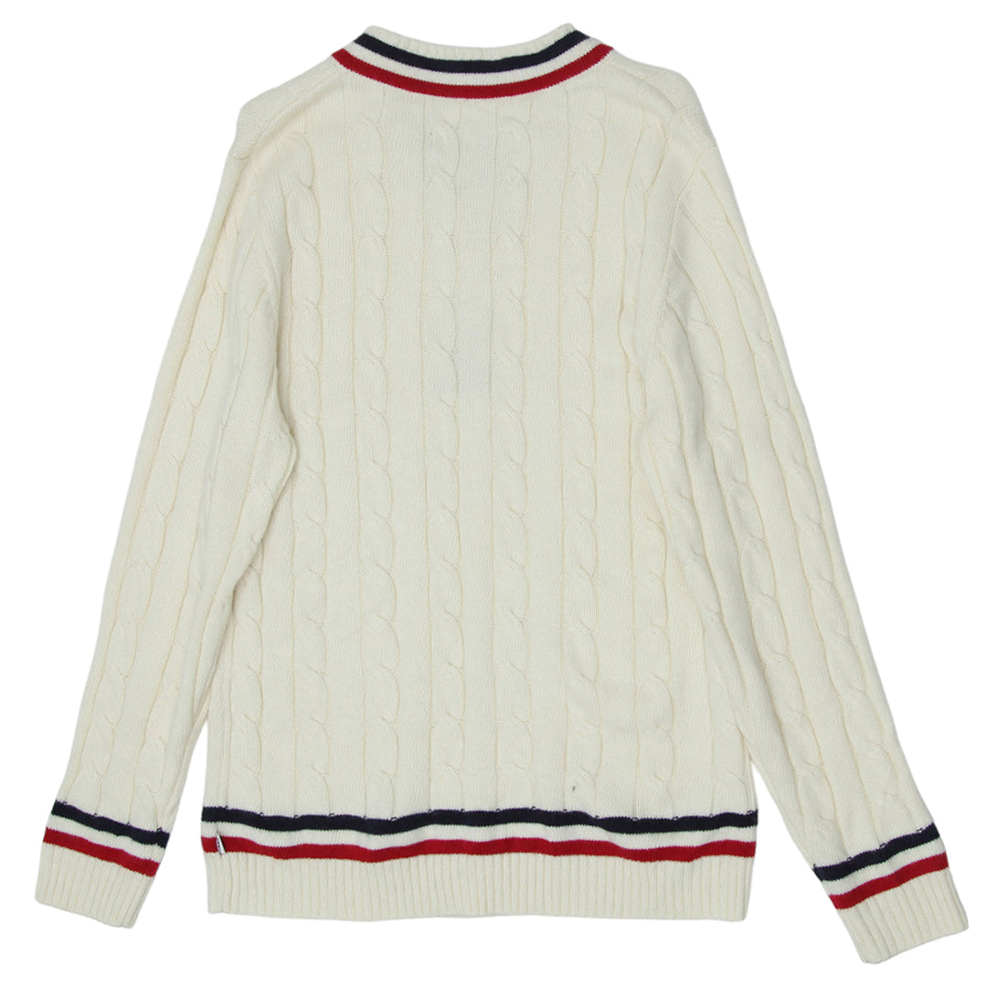 Ladies Carre Embroidered Cable Knit V-Neck Sweater