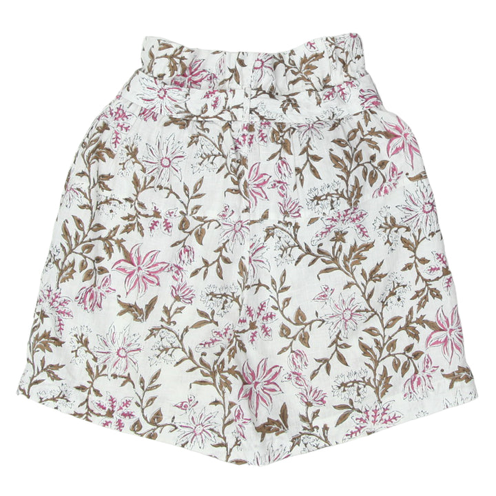 Ladies High Waist Floral Paper Bag Linen Shorts