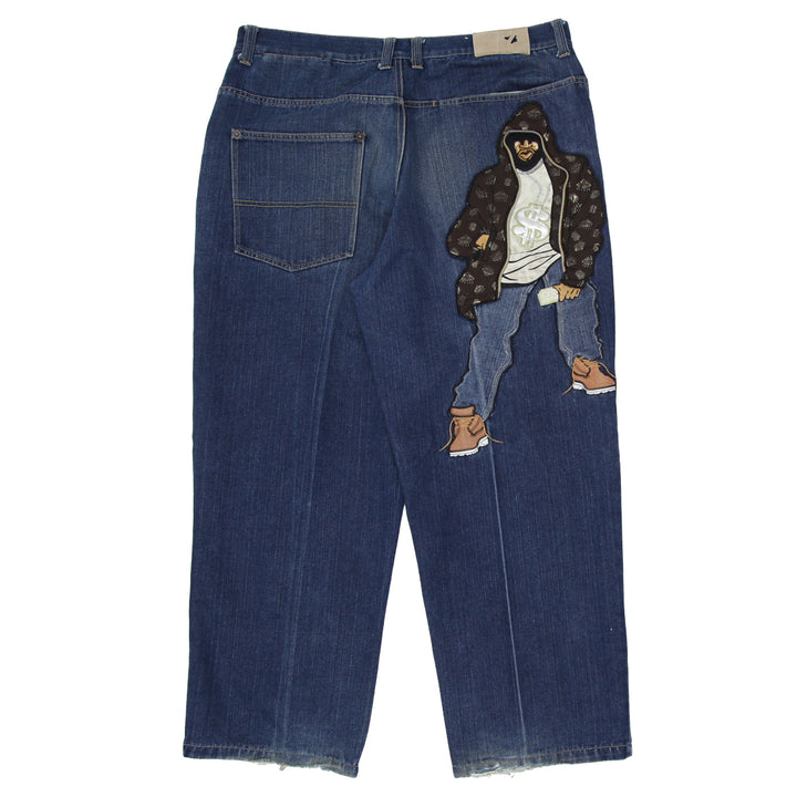 Mens Y2K Raw Blue Hip Hop Patched Wide Leg Baggy Jeans