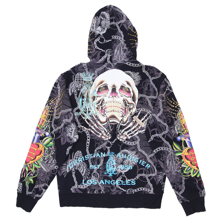 Mens Y2K  Christian Audigier Hip Hop University Stoned AOP Skull Hoodie