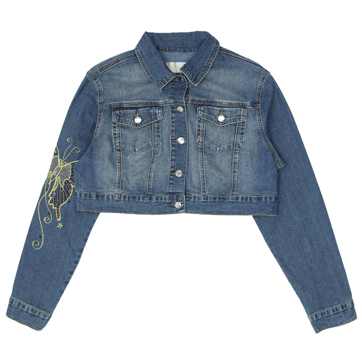 Ladies Crest Cropped Denim Jacket With Butterfly Embroidery