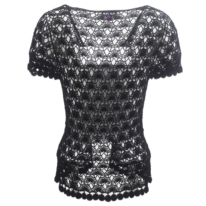 Ladies Crochet Black Short Sleeve Two Button Cardigan