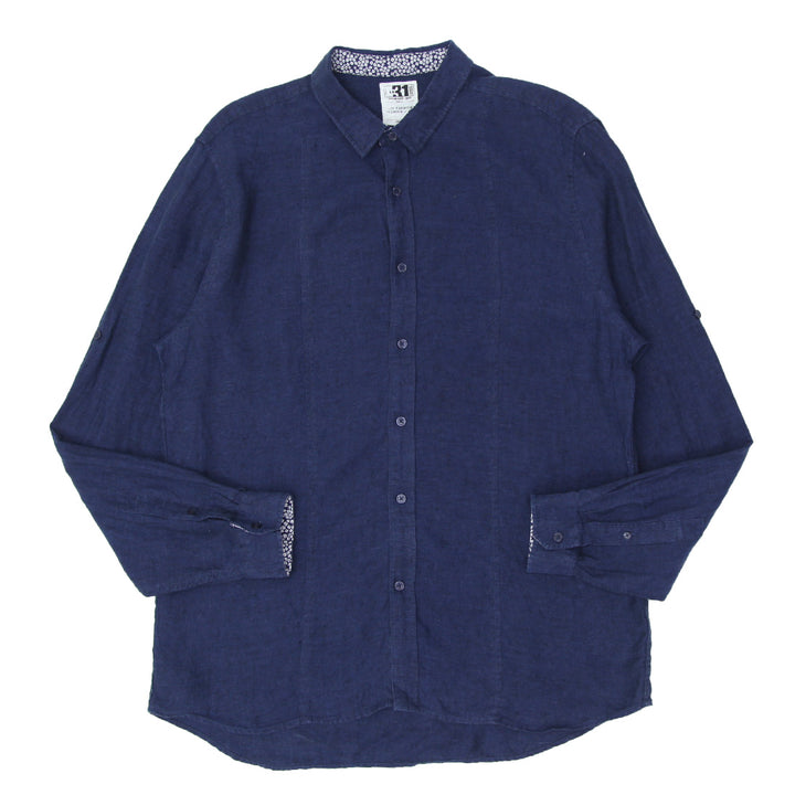 Mens Le31 Semi Fit Navy Long Sleeve Linen Shirt