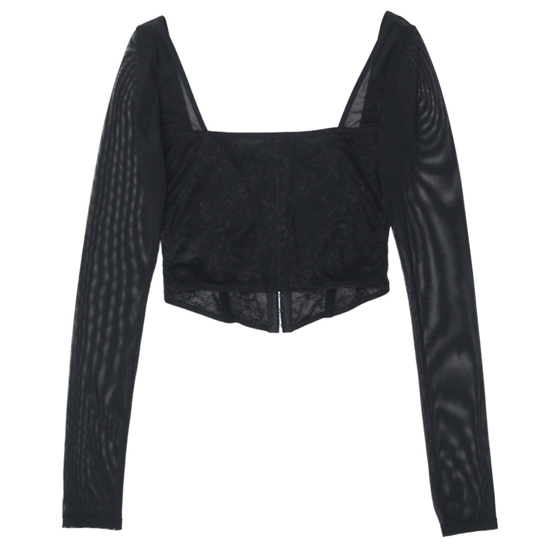 Ladies Glassons Front Closure Black Mesh Crop Top