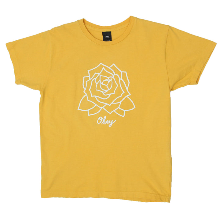 Mens Obey Flower Print Yellow T-Shirt