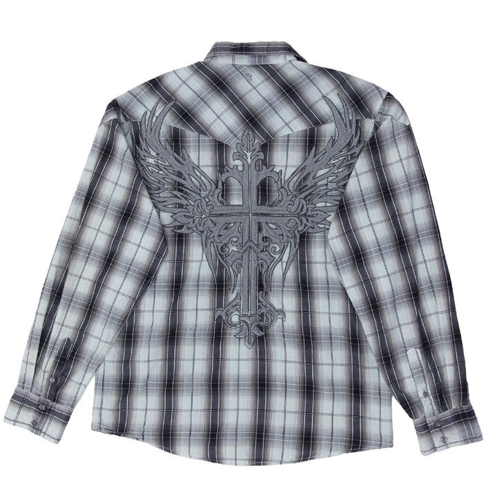 Mens Y2K Roar Plaid Cross Embroidered Long Sleeve Shirt