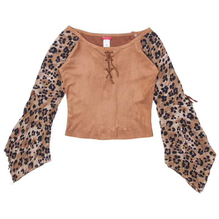 Y2K Leopard Sleeve Suede Bell Sleeve Top