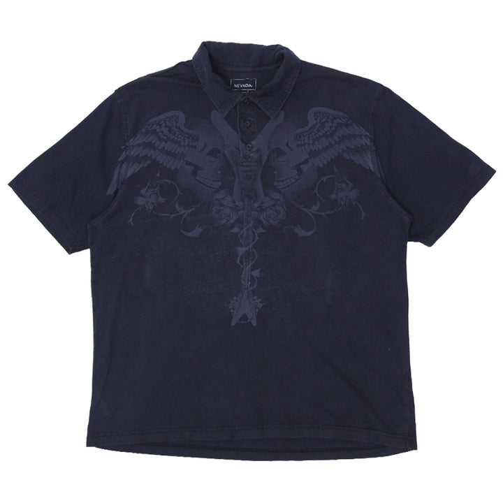 Mens Y2K Nevada Skull Winged Polo T-Shirt Black