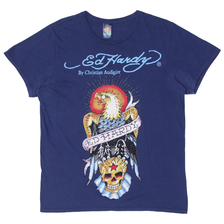 Mens Y2K Ed Hardy Eagle Skull Stone Print T-Shirt