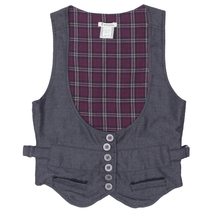 Y2K Groggy Plaid Lined Gray Crop Waistcoat Vest