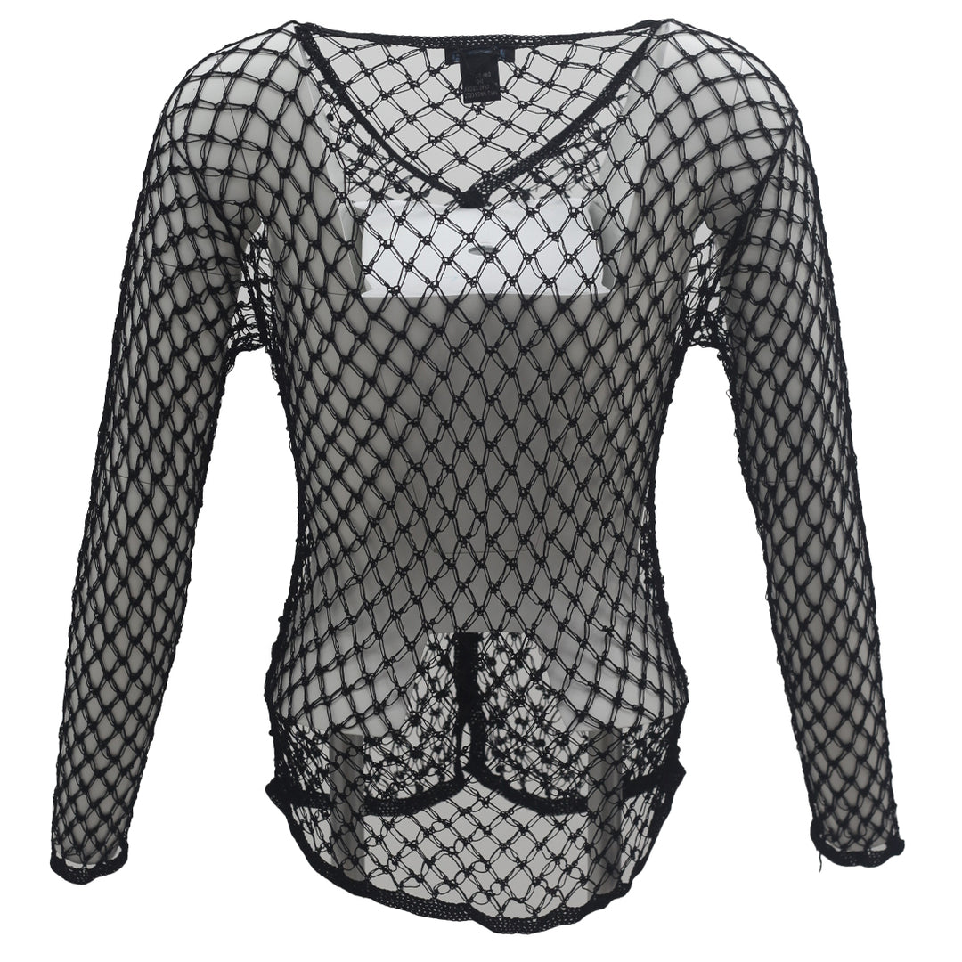 Ladies Black Mesh Long Sleeve Button Cover Ups