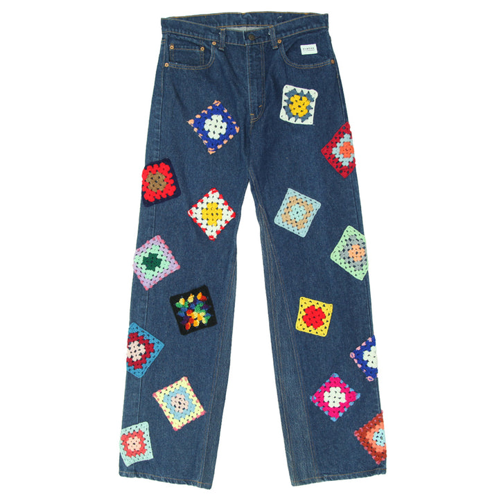 Rework Floral Crochet Patched Jeans