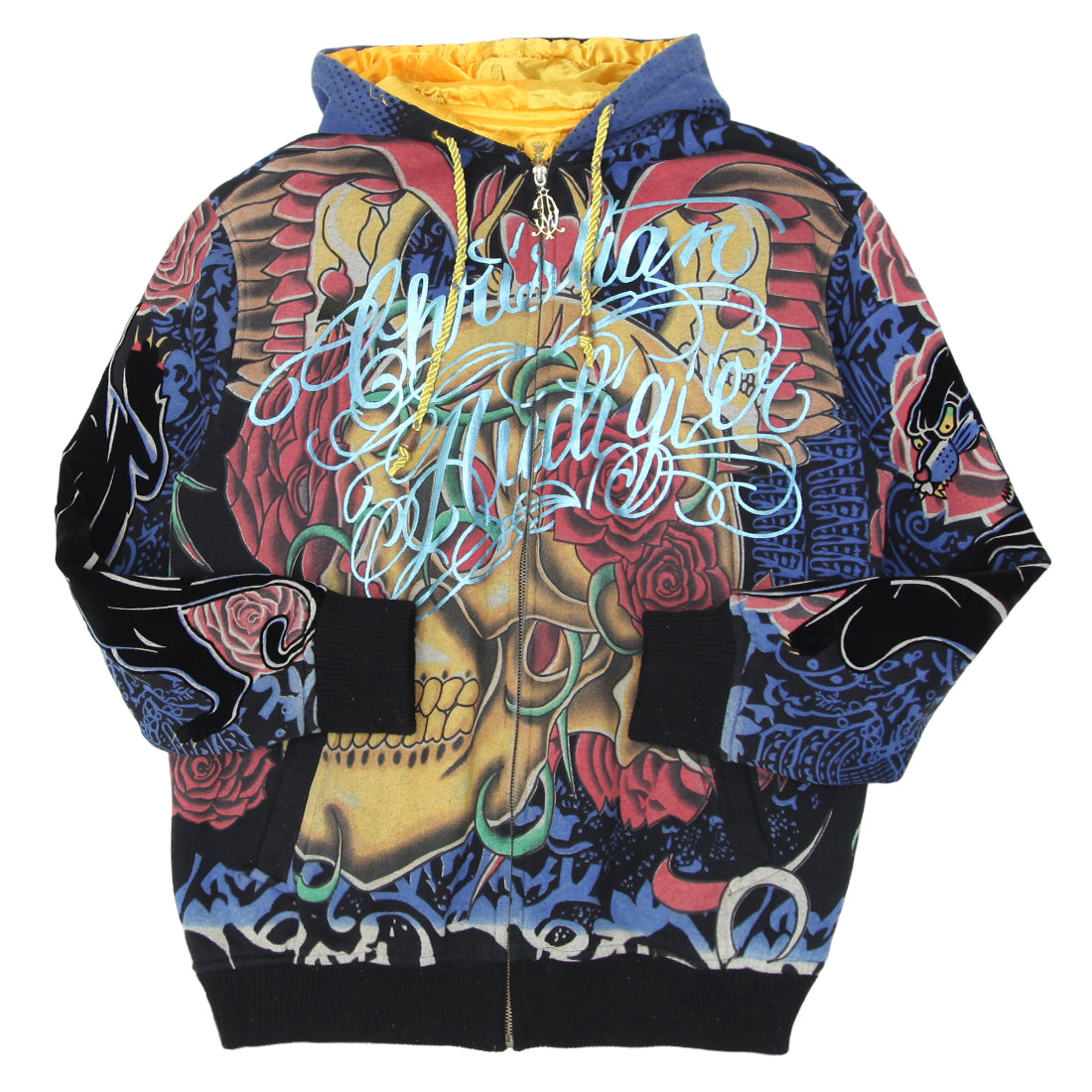 Mens Christian Audigier Los Angeles Skull Roses AOP Full Zip Hoodie Fashion Rerun Vintage