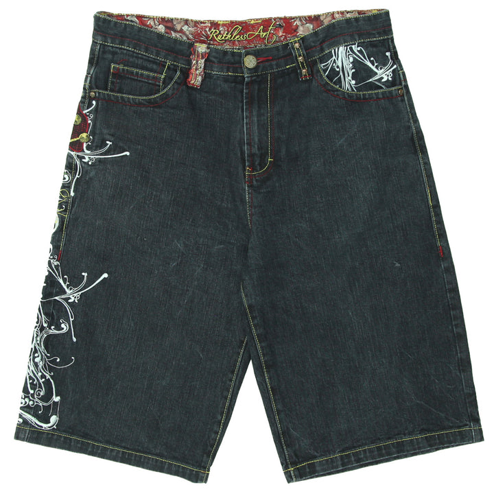 Mens Y2K Ruthless Art Embroidered Denim Jorts