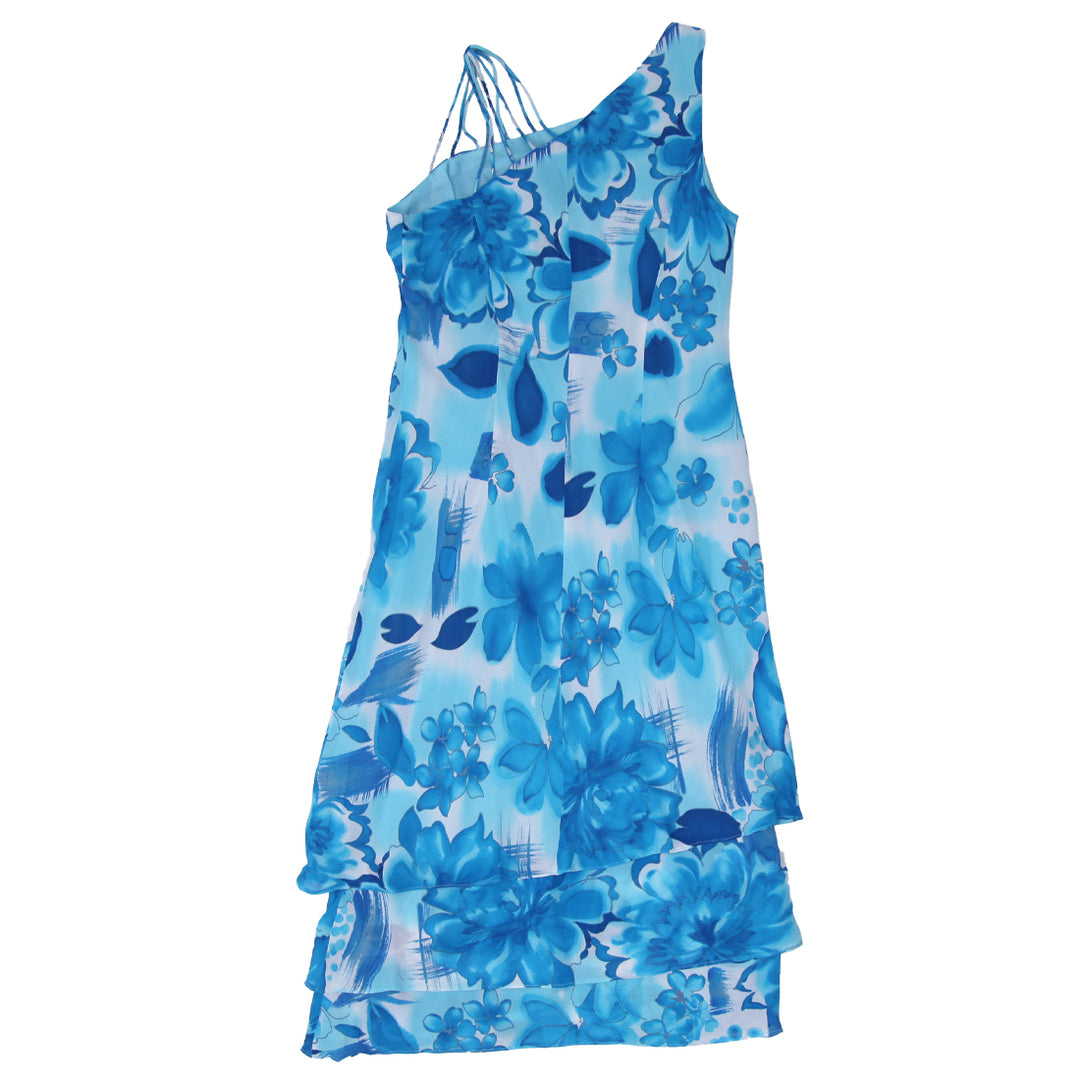 Y2K Sleeveless One Shoulder Blue Floral Dress