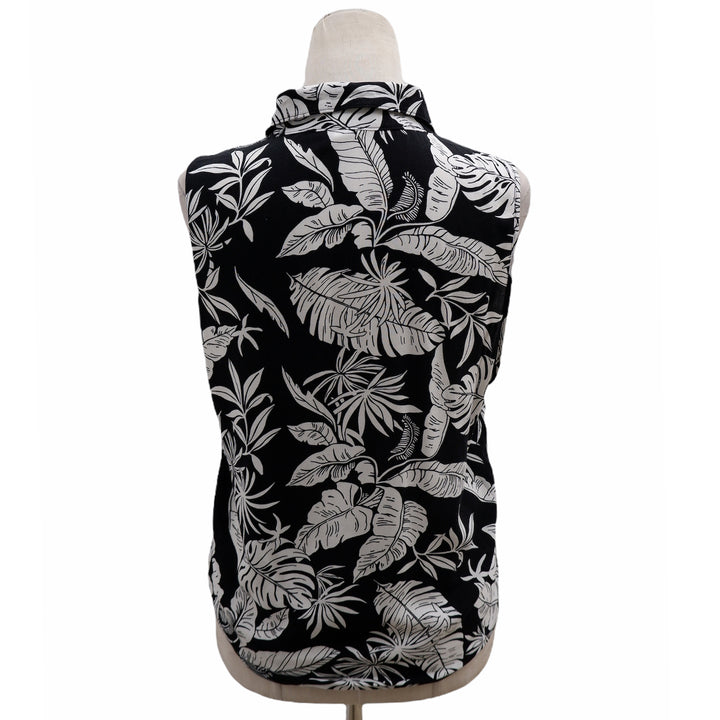 Ladies Black & White Leaf Print Sleeveless Tie Hem Blouse
