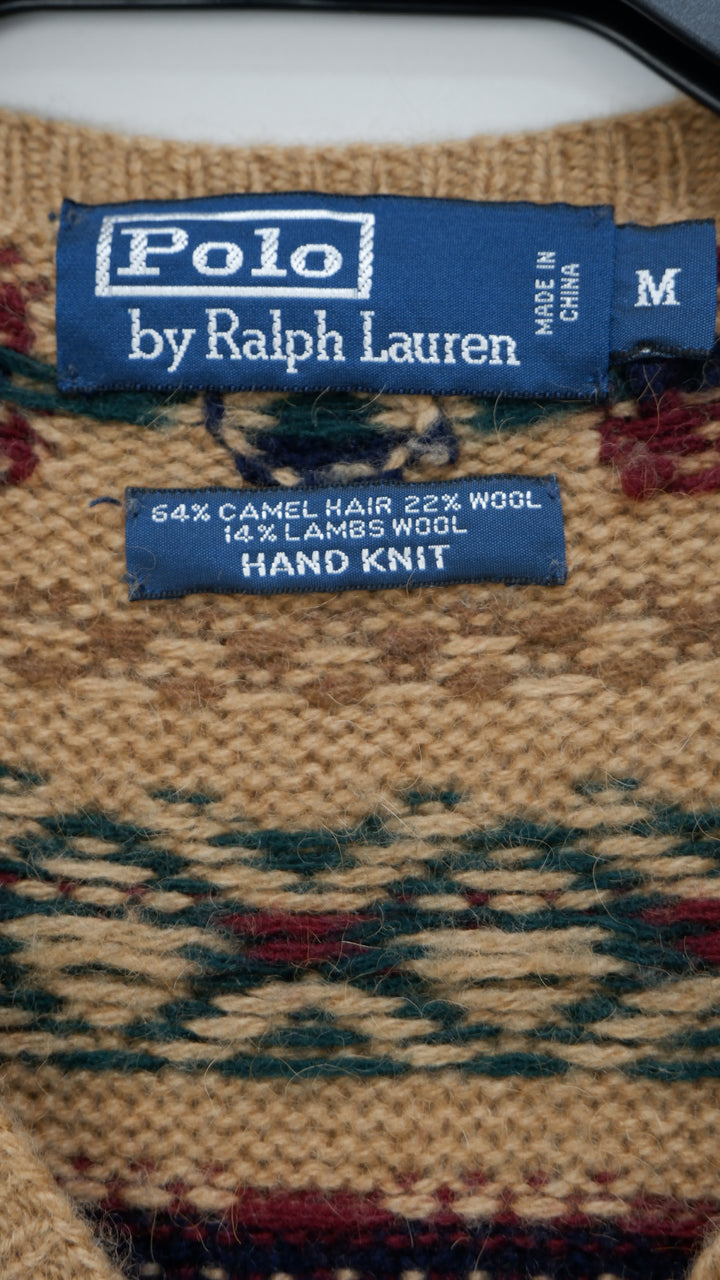 Polo By Ralph Lauren Hand Knit Camel Hair Lambs Wool Vintage V-Neck Sweater
