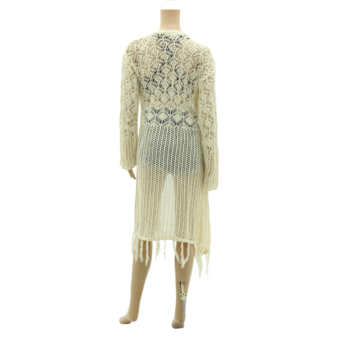 Ladies Crochet Long Fringed Cover Up