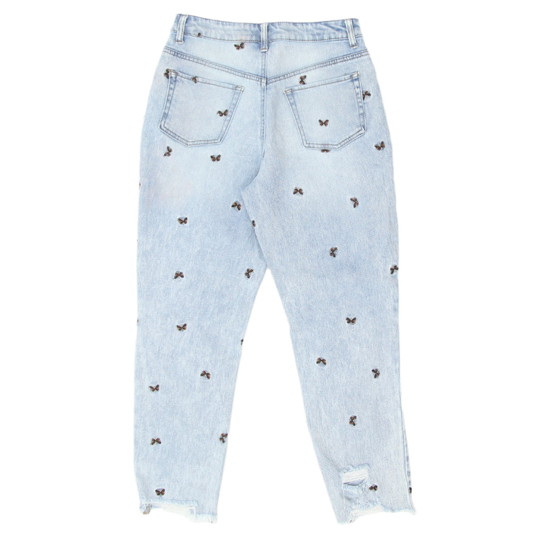 Ladies Tinseltown Butterfly Embroidered High Waist Ripped Mom Denim Pants