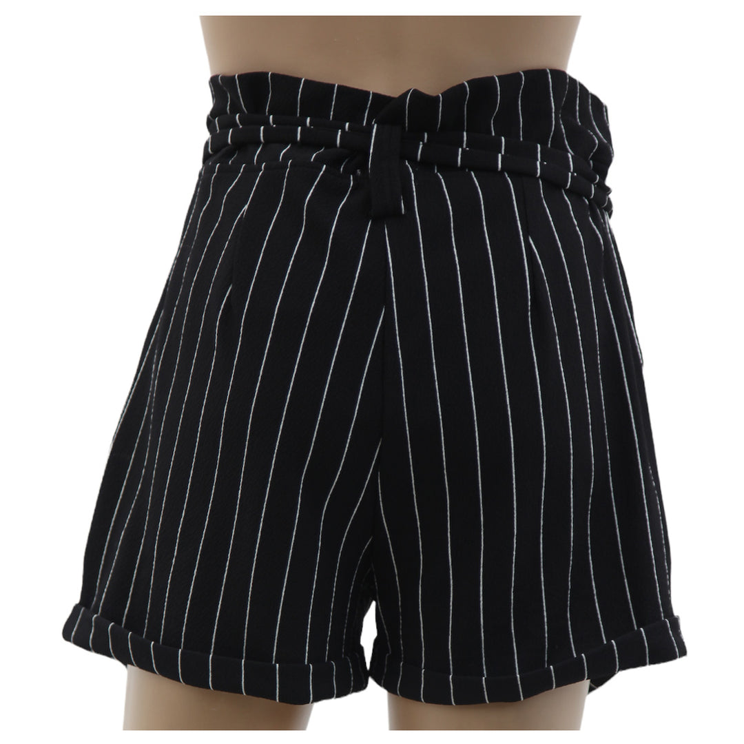 Ladies Temt Stripe Black Paperbag Waist Shorts