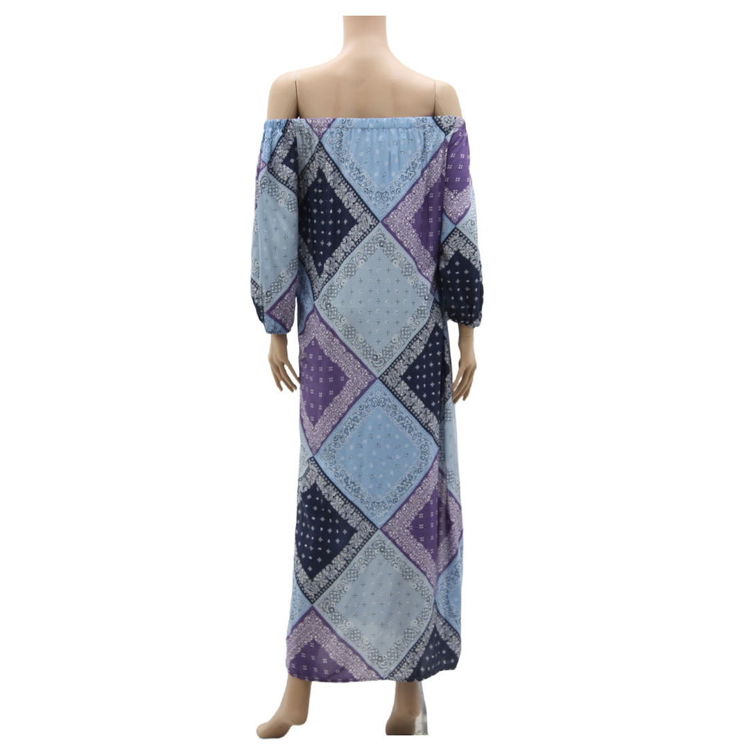 Ladies Pink Diamond Maxi Off Shoulder Blue Diamond Print Dress