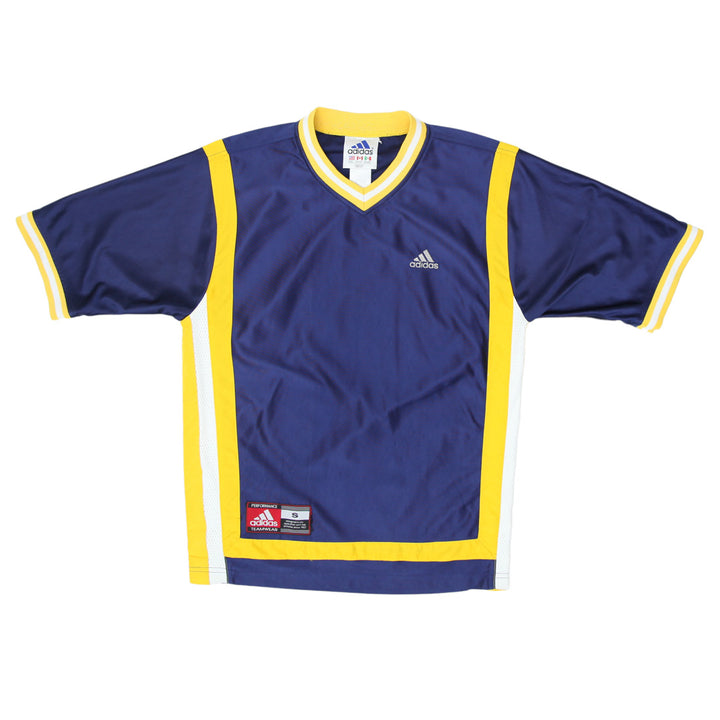 Vintage Adidas Teamwear Logo Embroidered Navy Yellow Basketball Warm Up Shirt