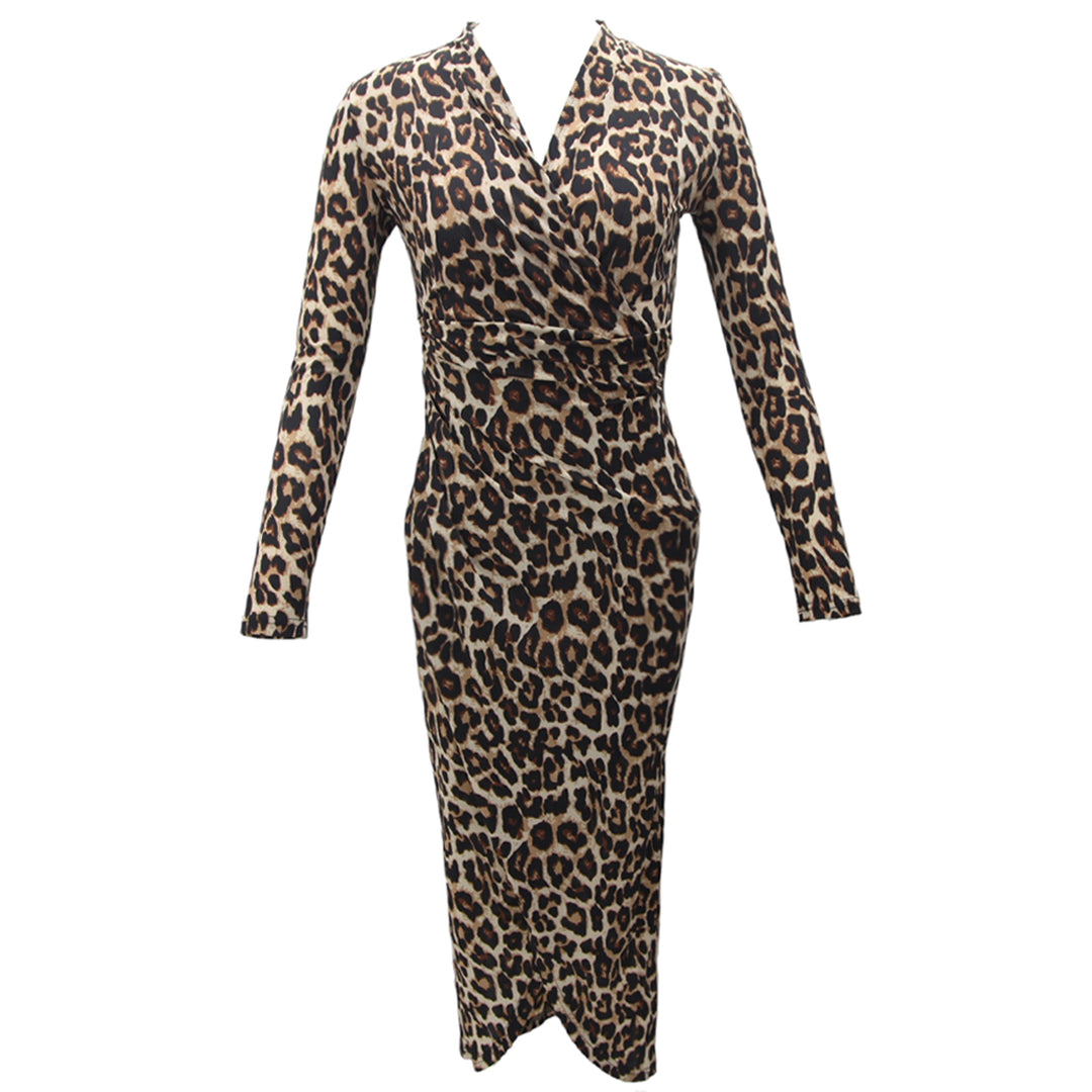 Ladies Leopard Print Long Sleeve Overlap Dress