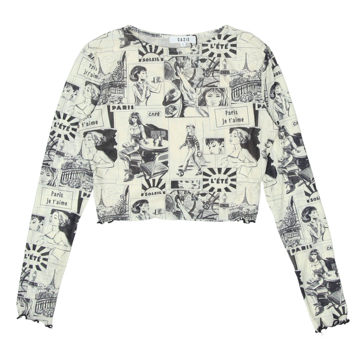 Y2K Mesh Comic Print Long Sleeve Top