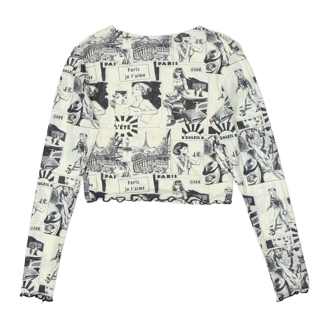 Y2K Mesh Comic Print Long Sleeve Top