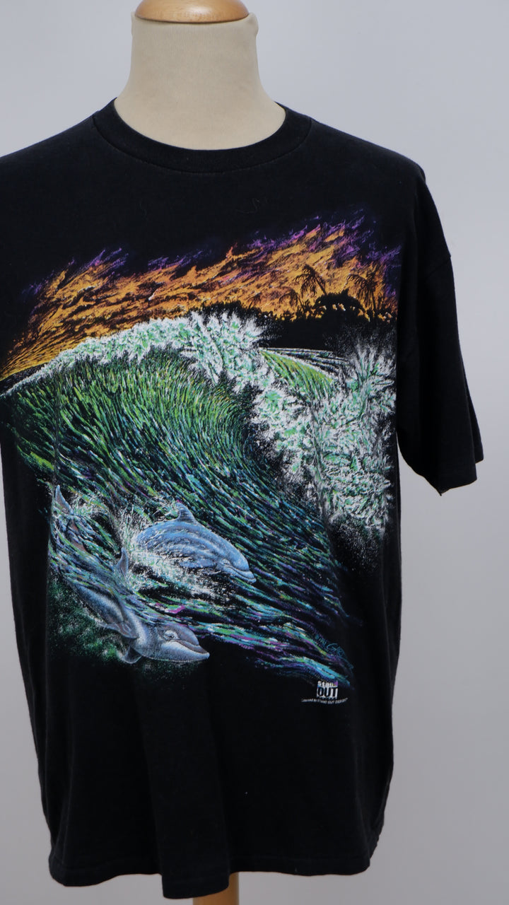 Vintage Oneita 1993 Gardner Stand Out Designs Dolphin Waves Single Stitch T-Shirt Made In USA