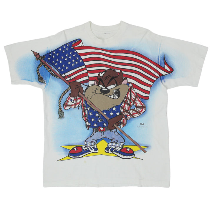 1995 Vintage Tazmanian Devil USA Flag United We Stand T-Shirt S.Stitch White XL