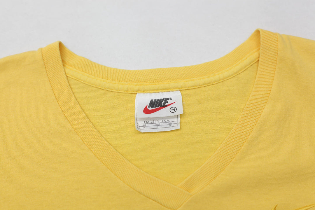 '90s Vintage Nike Swoosh Embroidered V-Neck T-Shirt Made In USA Yellow M